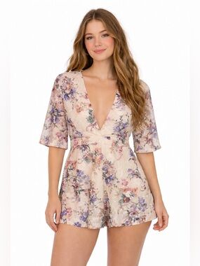 En Crème Floral Lace Romper Cream Boho Festival Deep V Mini Small S